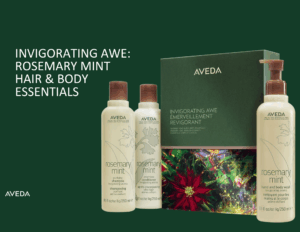 Aveda Rosemary Mint gift set with shampoo, conditioner, and hand and body wash bottles displayed against a green background.
