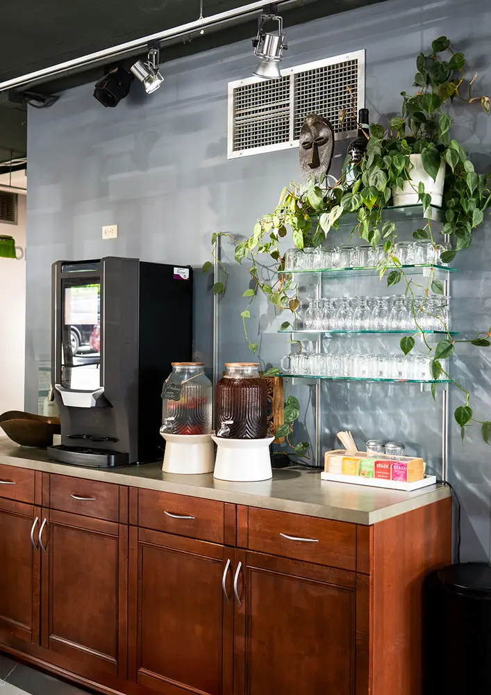 A spa-inspired beverage station with a drink dispenser machine, two glass drink dispensers, stacked glasses, tea bags, and potted plants on a wooden counter against a gray wall. - Ihloff Salon and Day Spa